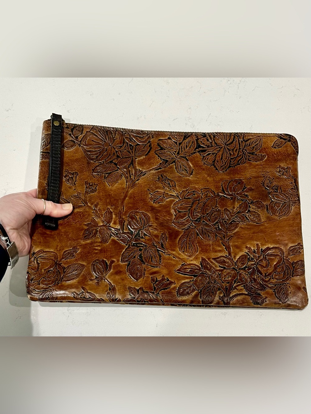 Patricia Nash Embossed Leather Floral Clutch Wristlet Brown Laptop Size